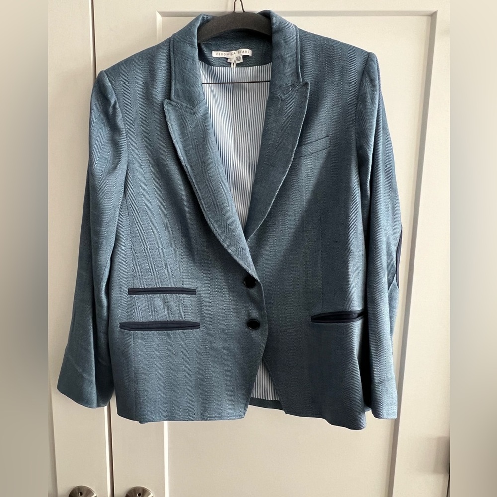 Veronica Beard Blue Herringbone Suede Elbow Patch Hudson Dickey Jacket Size 24